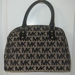 Michael Kors gray/tan and black canvas MK logo handbag Boston bag style